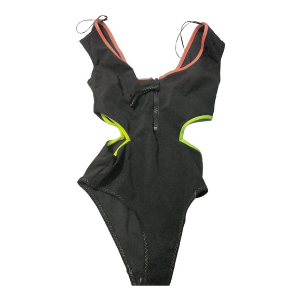 Zara black neon trim cut out front zip v-back one piece swimsuit size small new - Picture 7 of 8